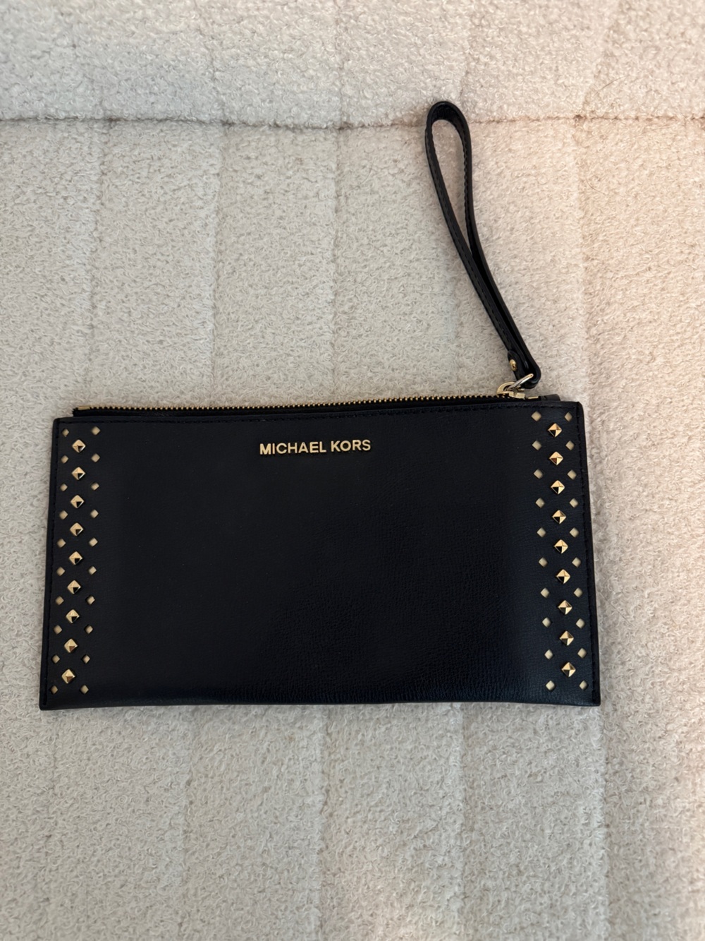 Michael Kors Black Leather Wristlet with Gold Stud Accents